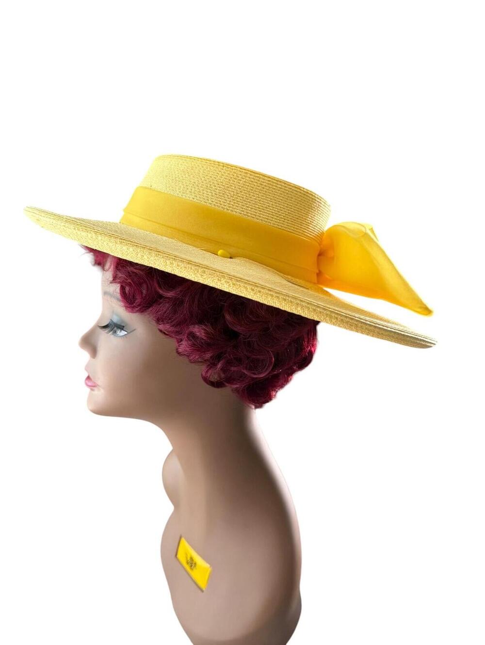 Vintage 80s Yellow Straw Wide Brimmed Hat, Chiffon Bow, Sunhat, G. Fox - Picture 3 of 8